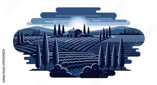Tuscan Landscape with Vineyard, Cypress Trees, and Villa, Flat Design