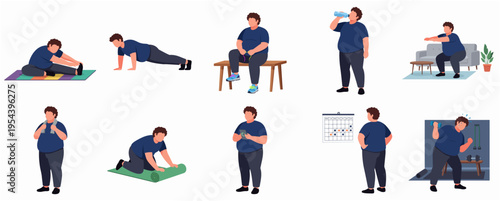 Flat Style Overweight Man Different Workout Poses Health Lifestyle Illustration