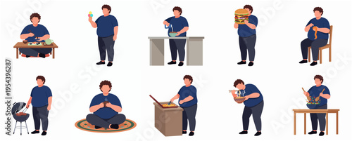 Flat Illustration Set of Overweight Man Enjoying Eating Various Food Activity