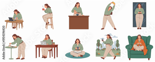 Flat Style Illustration of Woman in Different Poses and Activities