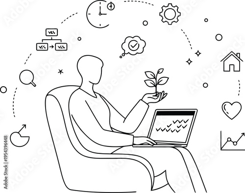 Person multitasking with laptop and plant surrounded by life balance icons: growth, work, personal life