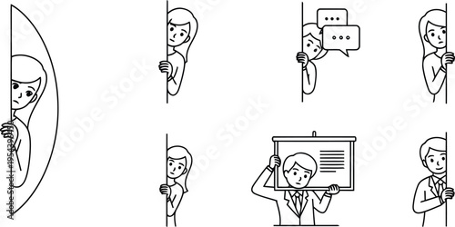 Diverse people peeking and interacting with blank spaces, concept of discovery, announcement or hiding