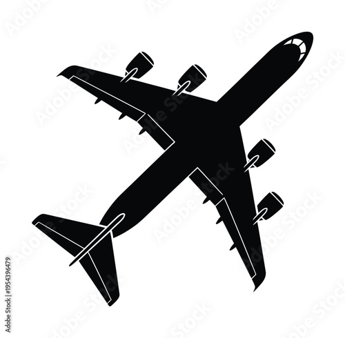 This vector depicts a sleek modern airplane design viewed from above with four engines