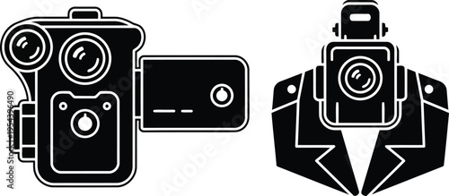 Modern camera and professional camcorder icons, filming equipment for movie production and broadcasting