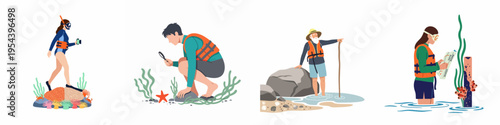 Flat illustration collection of people exploring marine life, snorkeling, and studying coastal ecosystems through various educational activities and equipment.