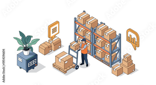 Logistics and warehouse inventory management illustration with a worker moving boxes using a pallet jack.