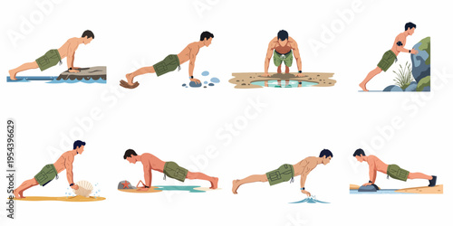 Fit man in green shorts demonstrating various push-up exercises in a coastal beach environment, highlighting outdoor fitness and full-body workout techniques.