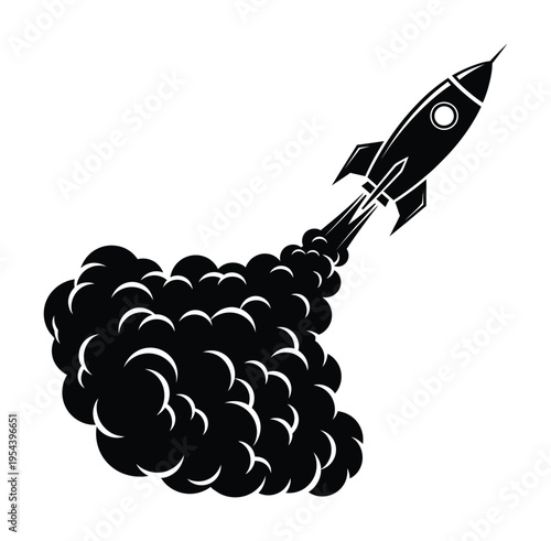 Retro vector rocket soaring through space with a large cloud of smoke trailing behind it