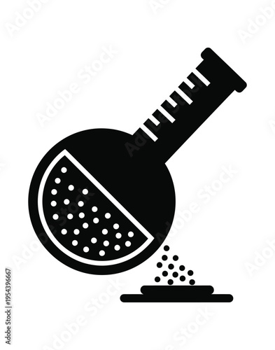 Vector of a round-bottom flask with granules pouring into a small container