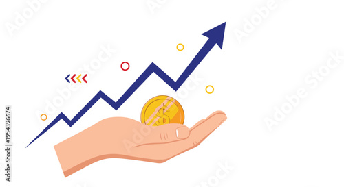 Financial growth and investment success concept showing a gold dollar coin on a hand with an upward arrow.