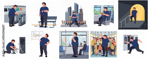 Flat Style Various Scene Obese Man Daily Activity Lifestyle Illustration