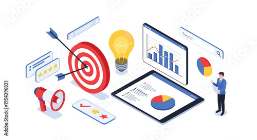 Digital marketing and target achievement concept with a bullseye, lightbulb, laptop, megaphone, and ratings.