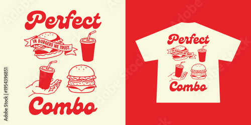Vintage Retro Fast Food Illustration Set with Burger, Soda Drink and Hand Holding Cup in Red Monochrome Style