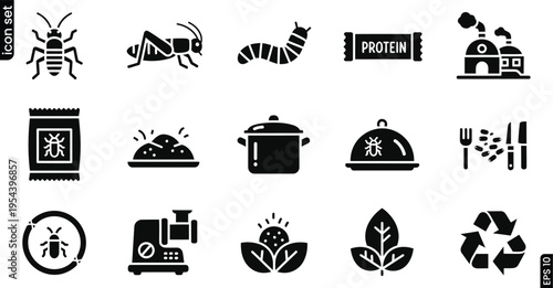 Collection of black and white icons related to food sustainability and ecology