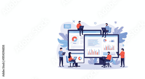 Remote team collaboration and data analysis illustration showing people working on several large computer screens.