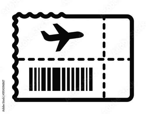 Vector of a ticket with a barcode and plane icon symbolizing travel and flights.