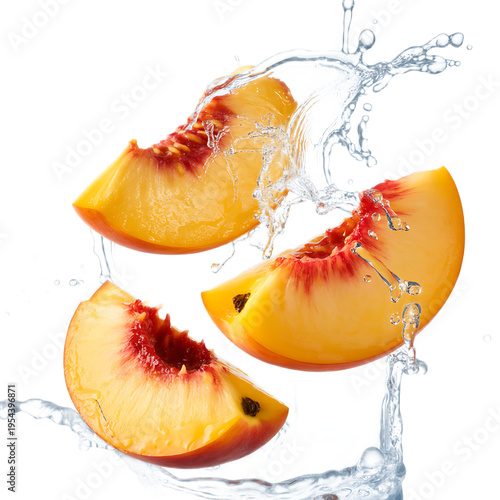 Fresh Peach Slices Splashing in Water