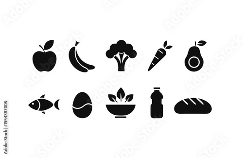 Ten solid black food pictograms showcase components for healthy living such as fruit, egg, fish, and greens necessary for dietary concept visualization.