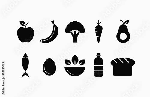 Group of ten monochromatic symbols illustrating nutritious groceries including fresh produce, lean protein sources, and bottled liquids ideal for website development.