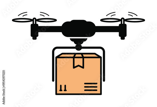 Vector of a drone carrying a box, depicting modern delivery technology in a minimalist style.