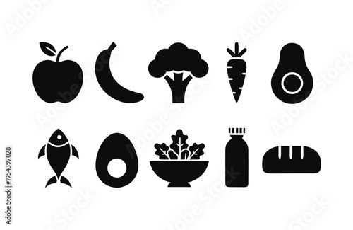 Assortment of simple black silhouette icons depicting various healthy food elements including produce, fish, and grains for dietary concept design.
