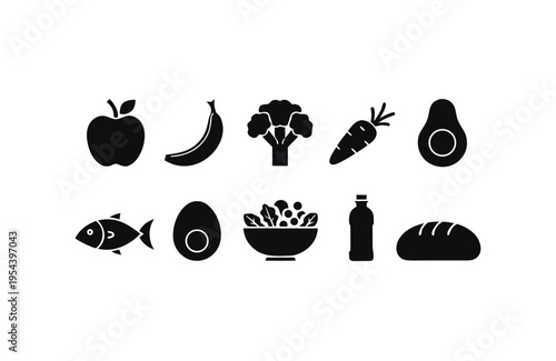 Set of ten diverse food icons in solid black style depicts fruits, vegetables, protein, and staple carbohydrates useful for health applications and diet planning.