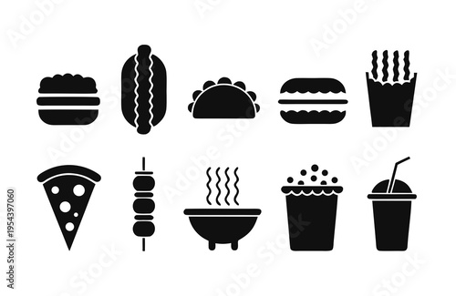 Set of eleven solid black icons representing various takeout meals and cooked items features a hamburger, sausage, shell taco, layered sandwich, fries, grill, noodles, popcorn, pizza, drink, and meat.