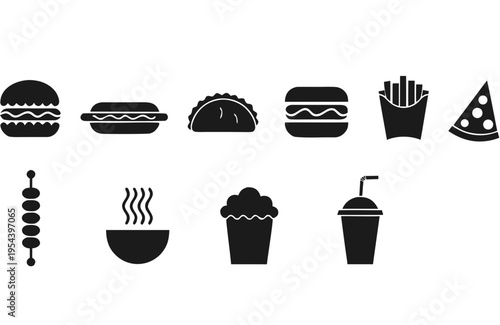 A minimalist collection of ten black glyphs showing universally recognized snack options like pizza, hotdogs, and savory skewers provides adaptable visual elements.