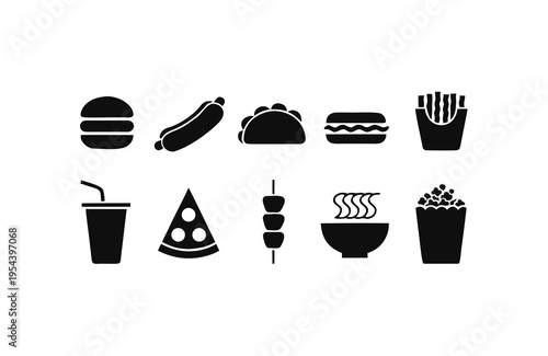 Stylized black glyphs illustrating an assortment of take away foods such as a burger, fries, and a drink cup make up this functional, easily scalable graphic asset.