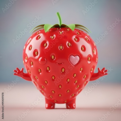 Cute 3D stylized strawberry character with a heart-shaped eye and tiny arms, standing on a soft pink surface