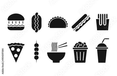 Various black silhouette graphics depicting popular quick service restaurant fare including hamburgers, tacos, and drinks are neatly organized for interface design use.