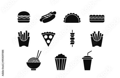 Set of bold black icons illustrating popular Western fast food items such as burgers, pizza slices, fries, and soft drinks for quick service advertising.