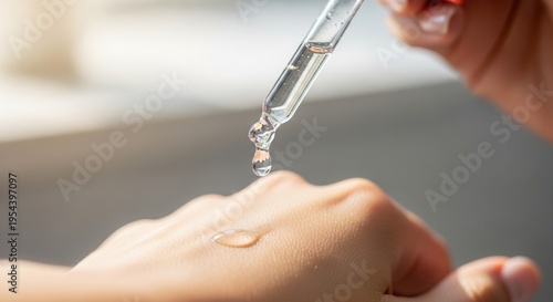 Close-up of a glass pipette dripping clear cosmetic serum onto a person's hand. High-quality beauty and skincare routine concept.
