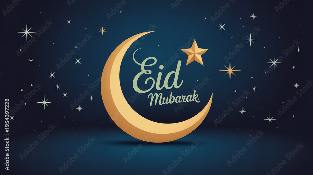 Fototapeta premium Golden crescent moon with star and Eid Mubarak text against a starry night sky islam islamic