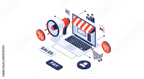 Online shopping and digital marketing retail concept with a megaphone, laptop store, and various sale icons.