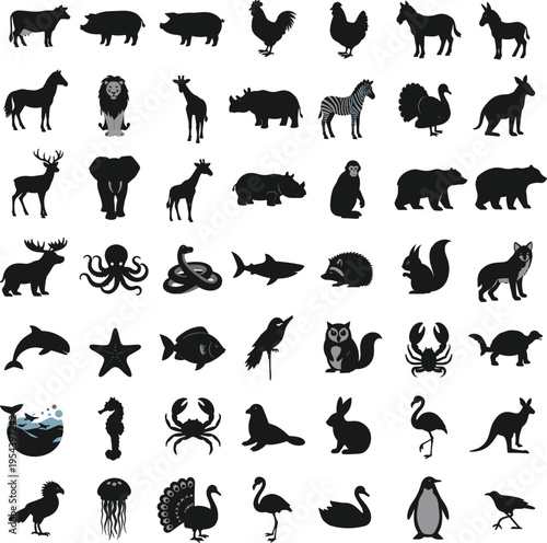 Animal Silhouette Icon Set with Wild Animals, Farm Animals, Birds, Sea Creatures, and Mammals for Nature, Education, and Wildlife Designs