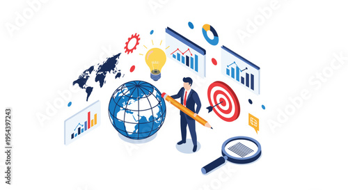 Global business analysis and strategy planning concept showing a man with a pencil, globe, and data charts.