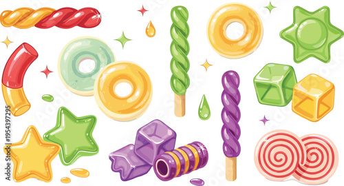 Bright Candy Assortment Set with Twisted Lollipops, Jelly Rings, Sugar Stars, Cubes, and Colorful Sweet Treats for Playful Dessert Vector Designs