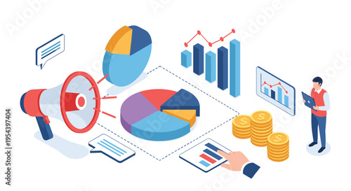 Marketing analysis and financial reporting concept with a megaphone, pie charts, and stacks of gold coins.