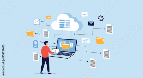 Cloud computing and data synchronization concept showing files moving from a laptop to central cloud storage.