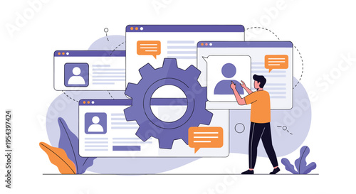 Software development and user profile management concept with team members and web window interface elements.