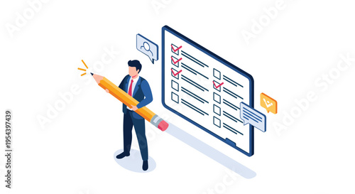 Survey feedback and quality control concept showing a person holding a large pencil next to a checklist board.
