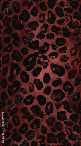 Detailed close up view of a dark maroon and black leopard animal print textile pattern texture background