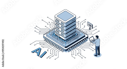 Advanced artificial intelligence server technology visualization featuring a large computer chip with a technician working on a laptop.