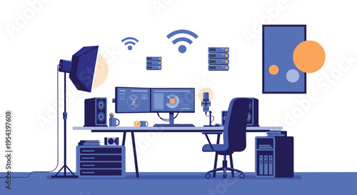 Modern digital content creator workspace featuring dual monitors microphone and lighting equipment for professional video streaming.