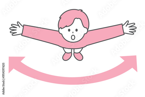 両手を横に広げて上を見上げる若い男性と左右に伸びる矢印｜上からの視点｜