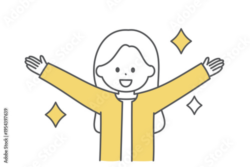 両手を斜め上に上げる笑顔のビジネスウーマンの上半身イラスト