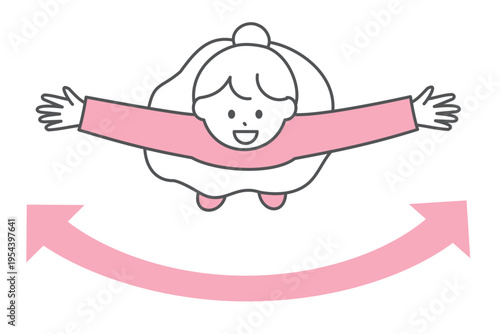 両手を横に広げて上を見上げる若い女性と左右に広がる矢印｜上からの視点