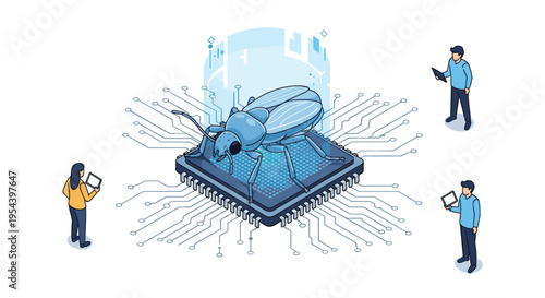 Cybersecurity and software debugging concept featuring a large beetle on a processor chip with technicians monitoring with tablets.