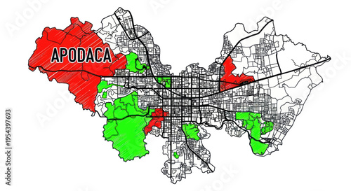City Map with Highlighted Districts in Red and Green, APODACA
